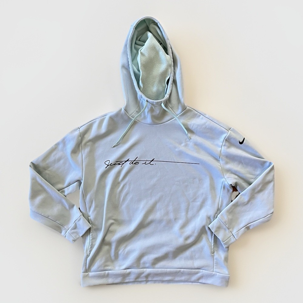 Nike Womens Therma Just Do It Script Graphic Training Pullover Hoodie Blue Small